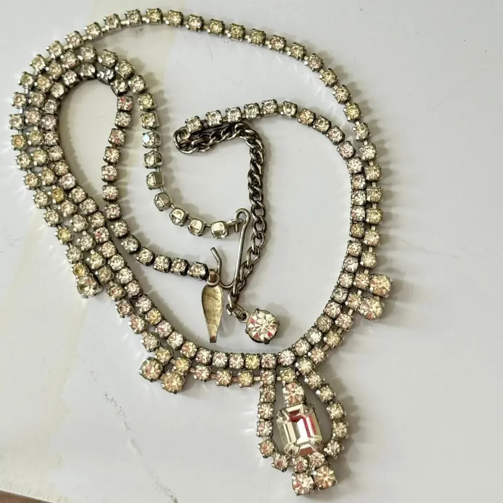 Vintage 1950s Silver Metal White Crystal Rhinestone Choker Bib Necklace Set 2